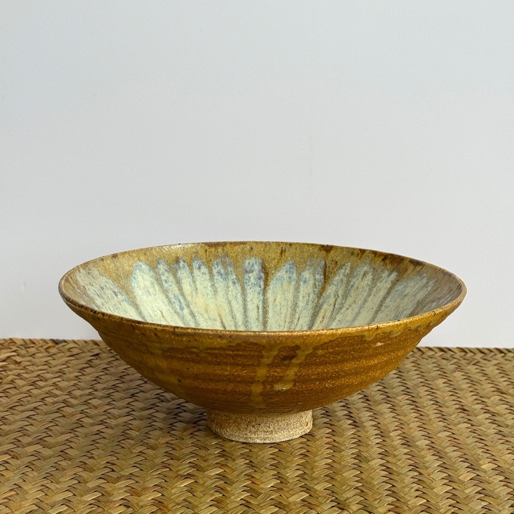 Handmade Studio Pottery Crystalline Glaze Bowl Amber Blue Earthy Wabi Sabi Art